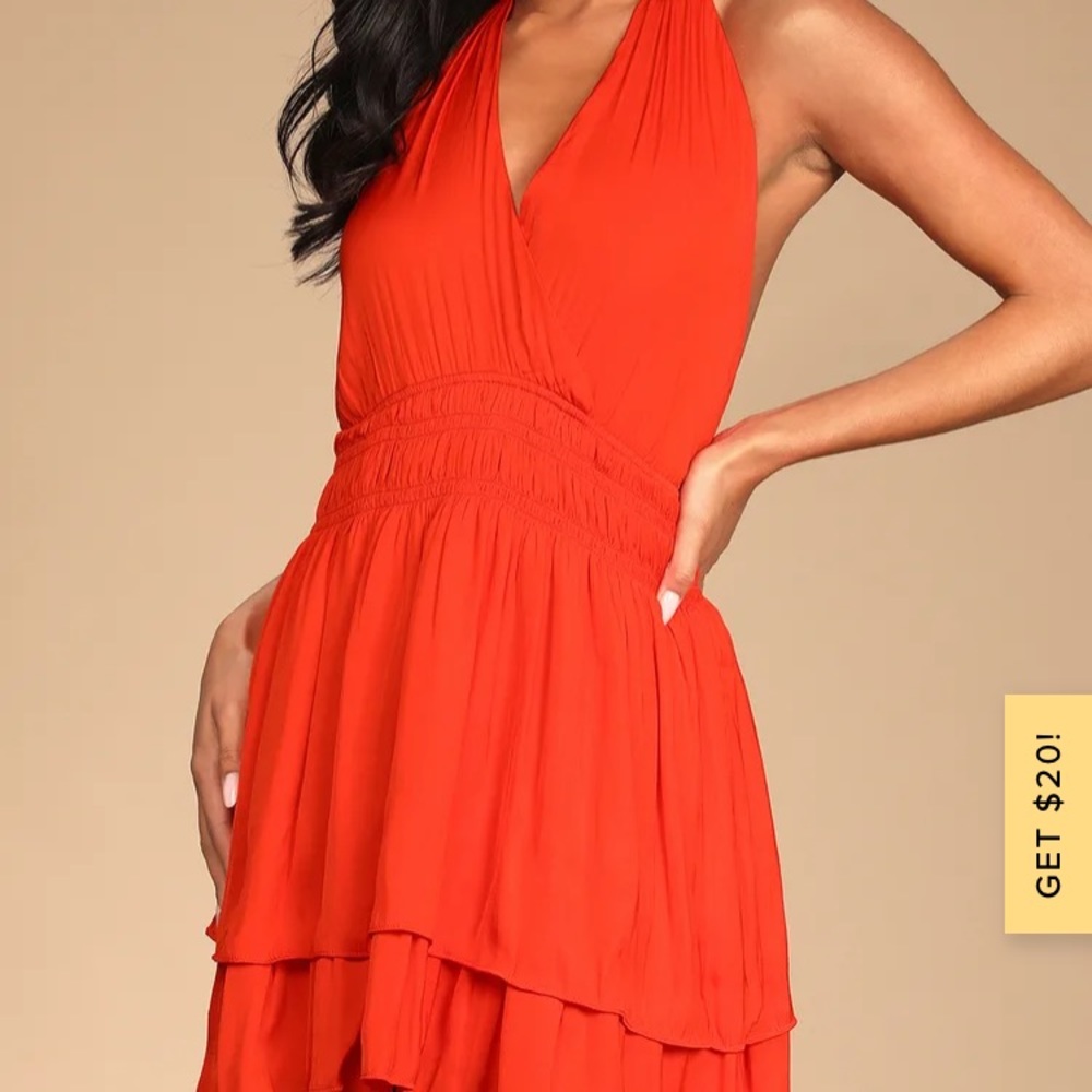 Sunny Forever Bright Red Satin Halter Mini Dress, Lulu’s, XS, New with Tags
